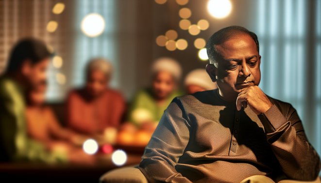 alt_text: A reflective adult in a cozy, softly lit room, embodying family dynamics during holidays.
