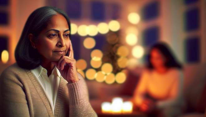 alt_text: A serene living space reflects holiday introspection with a thoughtful adult in soft, warm light.