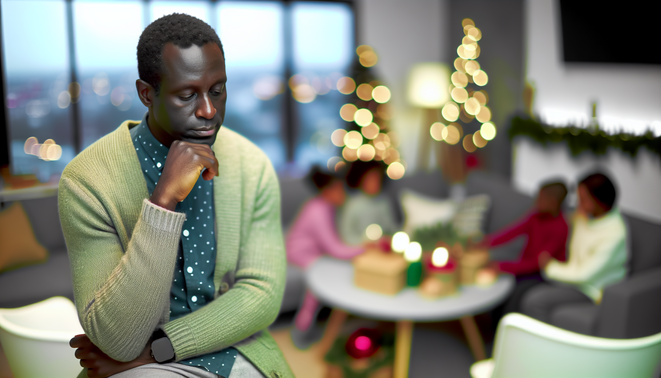 alt_text: Introspective adult in a serene, modern space, reflecting on family dynamics during the holidays.