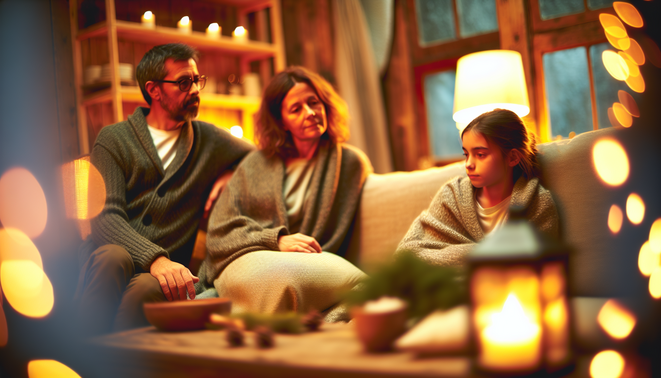 Cozy, serene space reflecting family warmth and introspection during the holidays.