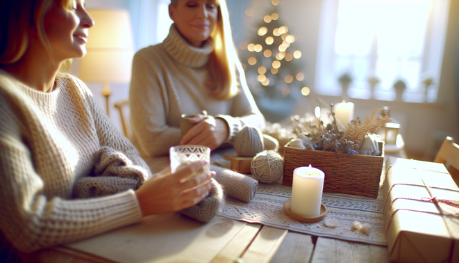 alt_text: A serene holiday scene evokes family warmth, featuring soft textiles and subtle decorations.