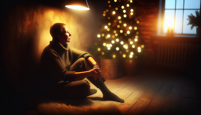 alt_text: A serene, introspective holiday scene featuring a calm adult in a cozy, softly lit environment.