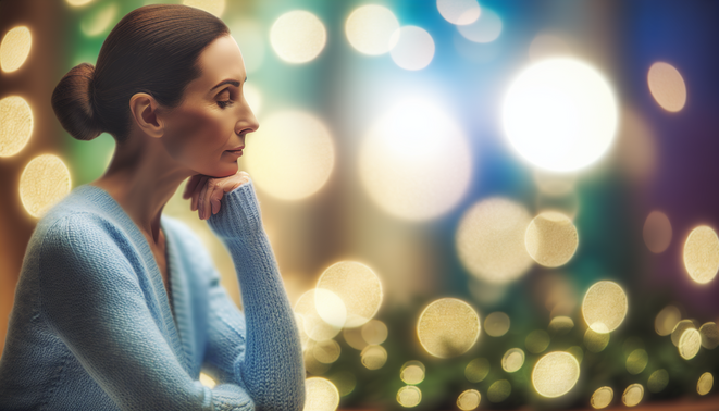 alt_text: A serene holiday scene showcasing a reflective adult amidst minimalist decor and soft lighting.