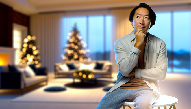 alt_text: A serene, modern living room with a thoughtful individual, evoking warm holiday family dynamics.