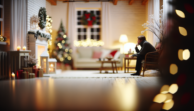 alt_text: A serene winter living room with a contemplative figure, embodying family dynamics and reflection.