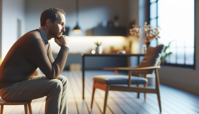 alt_text: A contemplative adult in a serene, modern space evokes warmth and reflection on family dynamics.