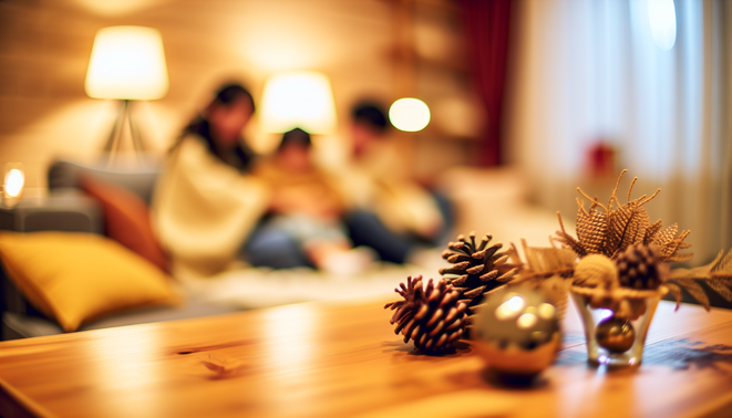 alt_text: "Warm, inviting interior evoking family holidays through texture and soft lighting, fostering reflection."