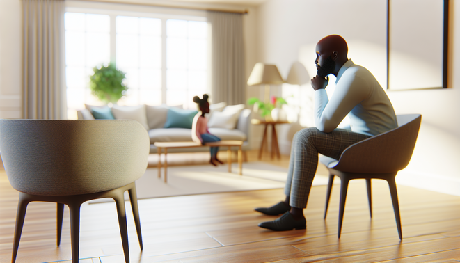 alt_text: A serene interior scene conveying family connection, featuring a thoughtful individual and minimalist decor.