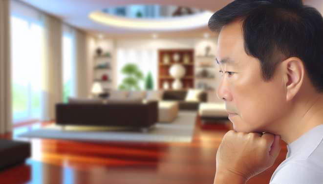 A serene living room with a contemplative adult, subtly evoking holiday emotions and family dynamics.