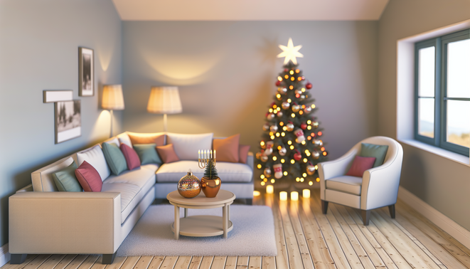 alt_text: A serene living room reflects holiday family dynamics, featuring a solitary figure and warm decor.