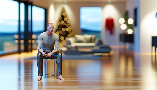 alt_text: A reflective figure in a serene, modern living space, embodying family introspection during holidays.