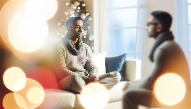 alt_text: A calm adult reflects in a minimalist, softly lit space, evoking warmth and holiday introspection.