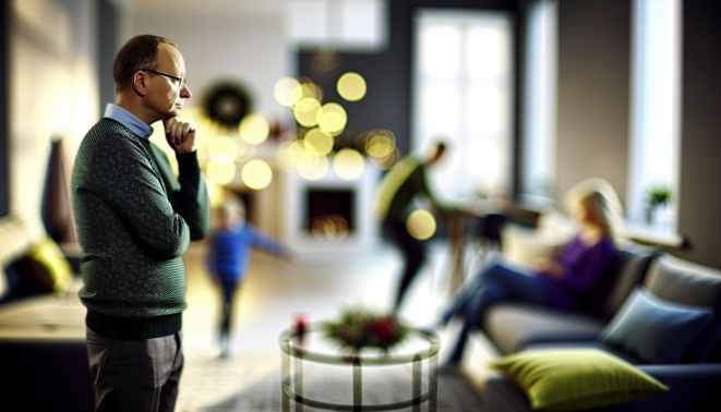 alt_text: A serene living room scene portraying family dynamics during holidays, featuring introspective adult.