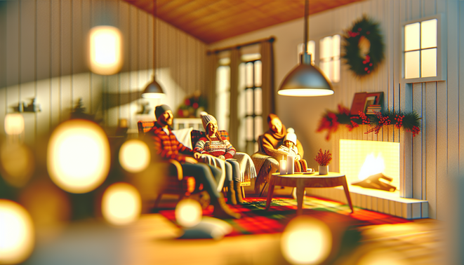 alt_text: A serene holiday setting evoking family reflections, with cozy elements and warm tones.