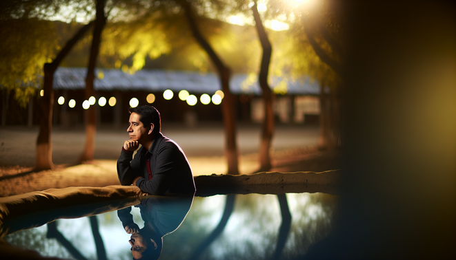 alt_text: A contemplative individual in a serene setting reflects on family dynamics during holidays.