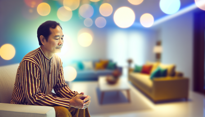 alt_text: A calm adult in a cozy living room, reflecting on family dynamics during the holidays.