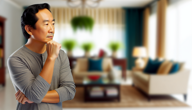 A serene living space with a thoughtful adult gazing thoughtfully, reflecting on family dynamics during holidays.