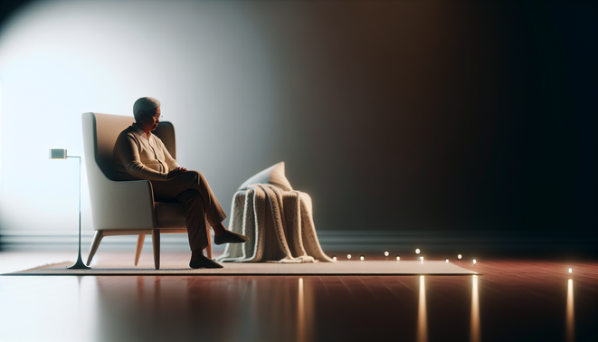 alt_text: A serene, minimalist scene with a cozy chair, warm blanket, and a contemplative adult in soft lighting.
