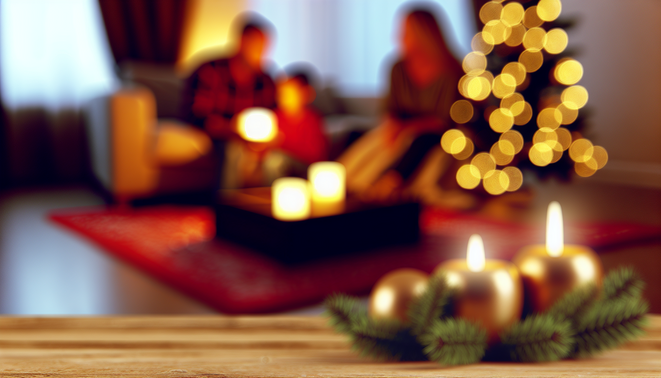 alt_text: A serene holiday scene, featuring warm tones, soft lighting, and family elements evoking introspection.