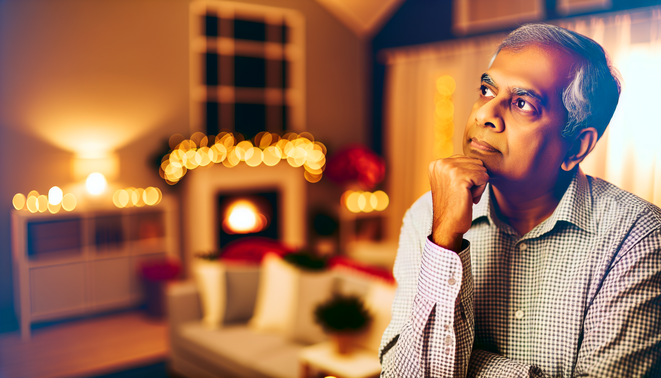 alt_text: A contemplative adult in a cozy living room, reflecting holiday warmth and family dynamics.
