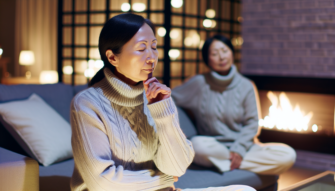 alt_text: A serene adult reflects in a modern, warm space, symbolizing subtle family connections during holidays.