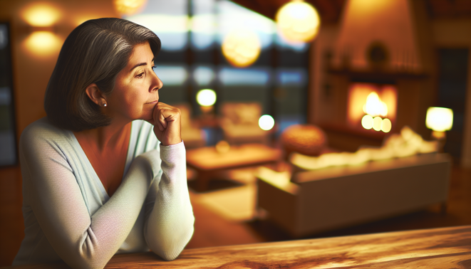 alt_text: A serene indoor scene, featuring a contemplative adult in a warm, cozy space, reflecting on family.