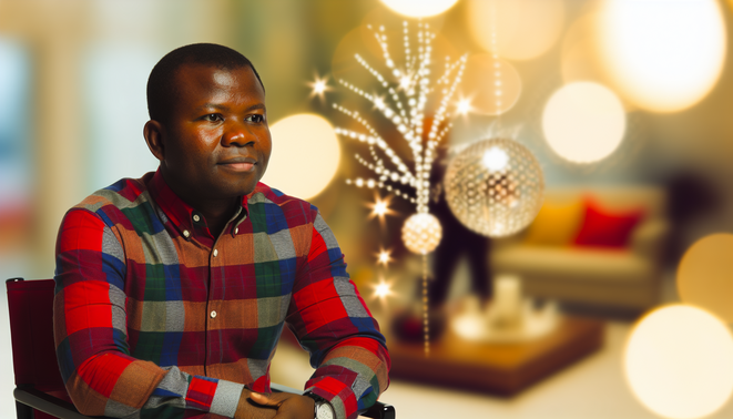 alt_text: A serene individual reflects on family dynamics in a warm, modern holiday setting, embodying calm.