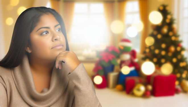 alt_text: A contemplative individual reflects on family dynamics in a warm, inviting holiday-themed space.