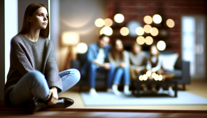 Calm introspection in a cozy, modern setting, reflecting on family dynamics during the holidays.