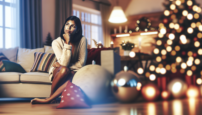 alt_text: A serene living room scene capturing holiday warmth, featuring a thoughtful adult amidst cozy decor.