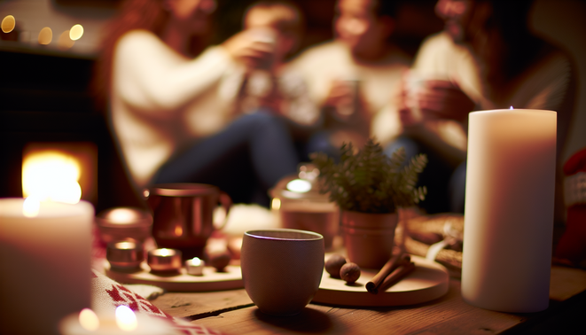 alt_text: A cozy, introspective holiday scene with soft lighting, warm drinks, and subtle decor elements.