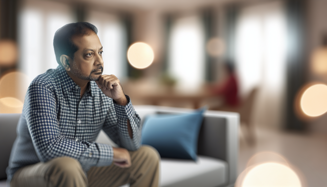 alt_text: A thoughtful adult in a cozy, modern space evokes introspection on family dynamics during holidays.