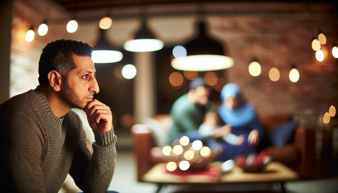 alt_text: A contemplative adult in a cozy living room reflects on family dynamics during the holidays.