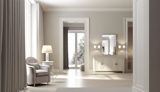 alt_text: A serene, neutral-toned interior captures introspective warmth, reflecting family dynamics subtly.