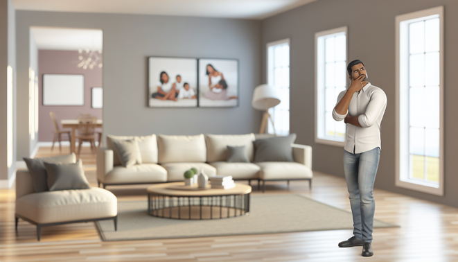 alt_text: A serene, neutral-toned living space with a thoughtful adult reflecting on family dynamics.