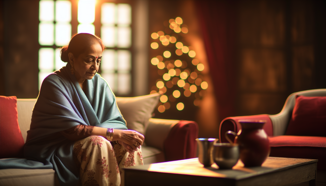 alt_text: A serene interior scene with a contemplative adult, warm textures, and subtle family evocations.