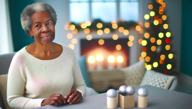 alt_text: A serene holiday scene with a thoughtful adult in a minimal space, evoking family warmth and reflection.