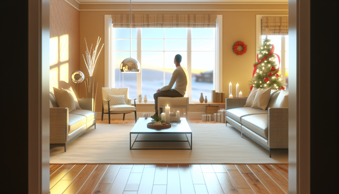 alt_text: A serene holiday living room with warm tones, neutral accents, and a reflective individual nearby.