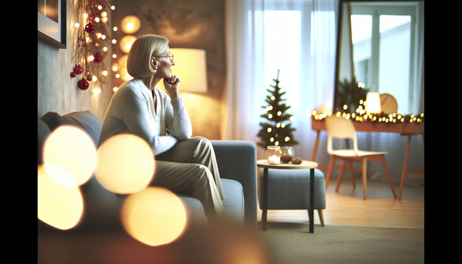 alt_text: A serene holiday scene depicting a reflective adult in a cozy, modern interior full of warmth.