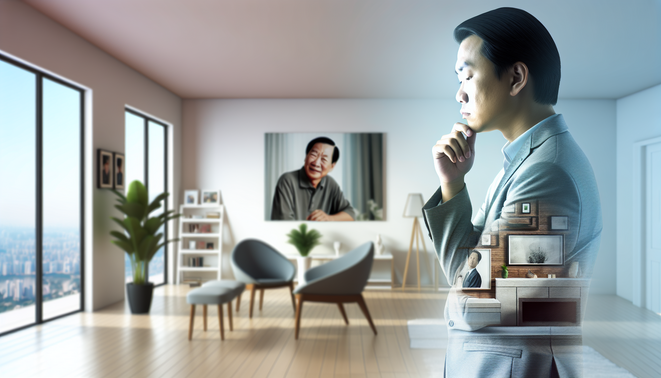 alt_text: A serene, modern space captures a thoughtful adult with subtle symbols of family introspection.