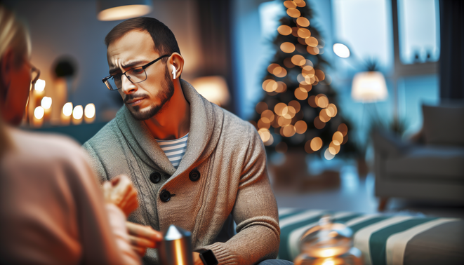 alt_text: Reflective adult amidst serene, modern decor, evoking family connection and introspection during holidays.