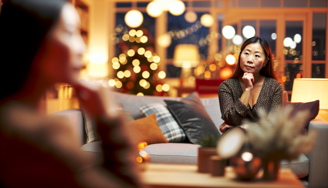 alt_text: A serene adult reflects on family dynamics in a warm, inviting holiday-themed living room.