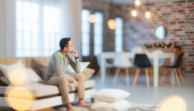 alt_text: A thoughtful adult reflects in a serene, neutral space, evoking calm family dynamics during the holidays.