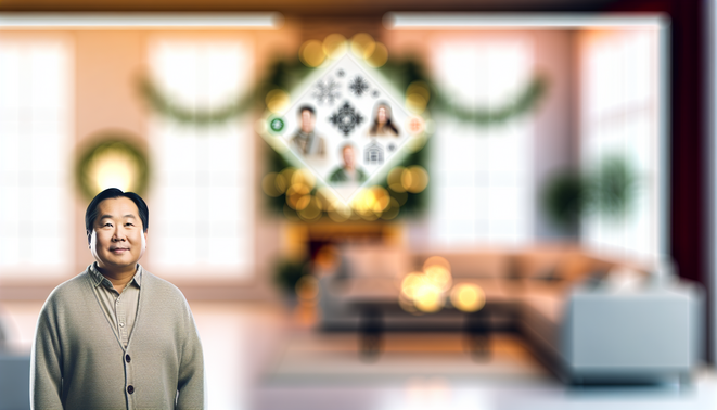 alt_text: A serene living room hints at holiday warmth, featuring a calm adult and subtle symbols of connection.