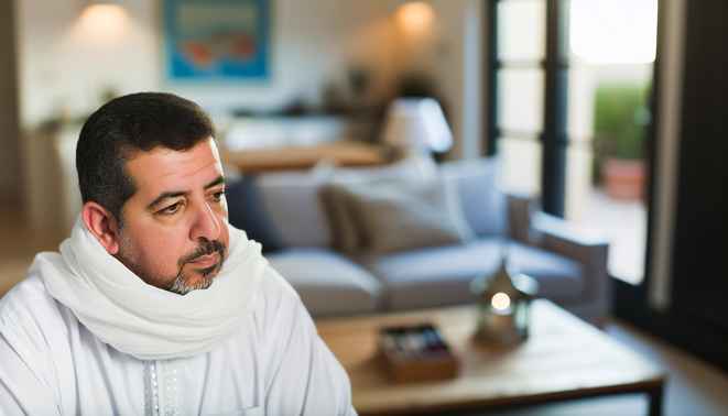 "Thoughtful adult in a cozy, minimal living room, reflecting on family dynamics during the holidays."