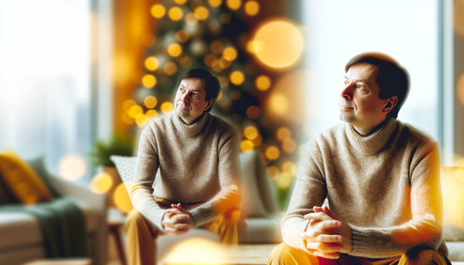 alt_text: A reflective individual in a cozy, warm space, evoking complex family dynamics during holidays.