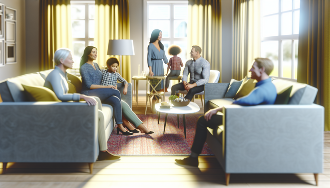 alt_text: A serene living room scene captures introspection and complex family dynamics during holidays.
