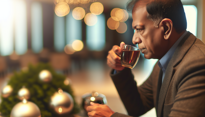 alt_text: A serene adult reflects in a modern space, sipping tea, suggesting introspection during holidays.