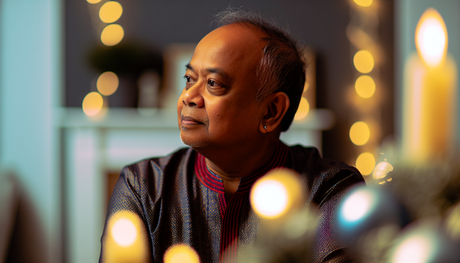 alt_text: A thoughtful adult gazes away, surrounded by warm, minimal decor, embodying holiday family reflection.