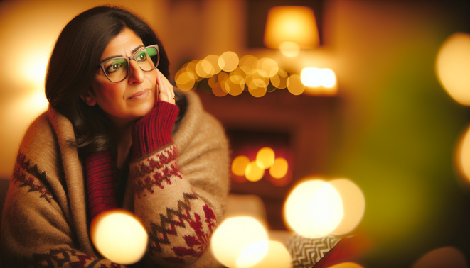 alt_text: A thoughtful adult in cozy attire reflects on family dynamics amidst a warm, inviting holiday setting.
